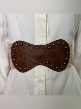 Brown studded PU leather elastic waistband belt